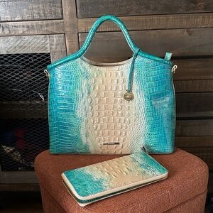 Brahmin Turquoise & Cream Croc-Embossed Tote with Matching Wallet